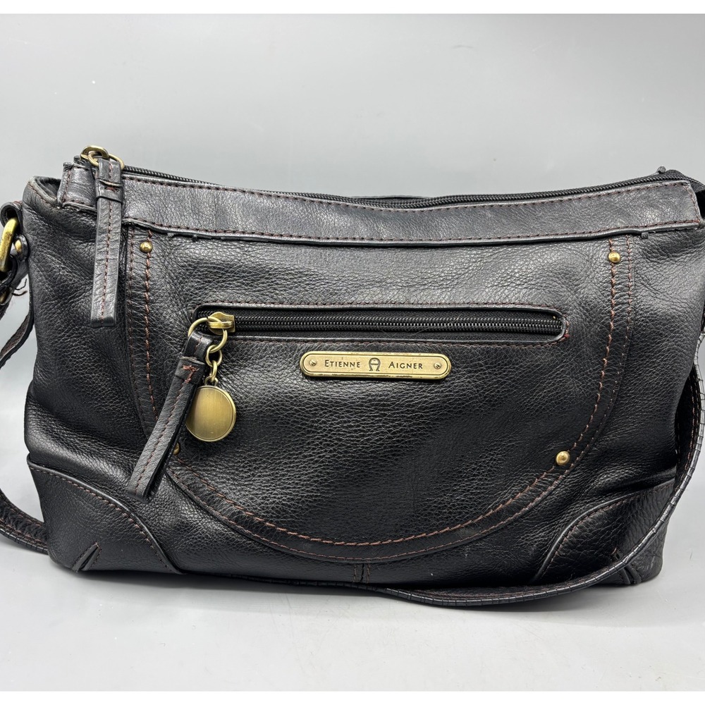 Etienne Aigner Black Leather Purse‎ Shoulder Bag  Adjustable Strap & Front Po